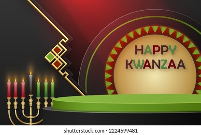 3d Round podium stage for Happy kwanzaa card with nice and creative symbols and paper cut style on color background for kwanzaa holiday