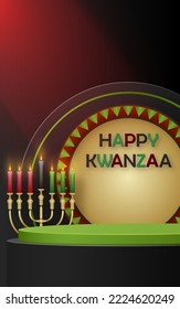 3d Round podium stage for Happy kwanzaa card with nice and creative symbols and paper cut style on color background for kwanzaa holiday