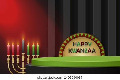 3d Round podium stage for Happy kwanzaa card with nice and creative symbols and paper cut style on color background for kwanzaa holiday