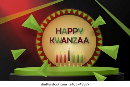 3d Round podium stage for Happy kwanzaa card with nice and creative symbols and paper cut style on color background for kwanzaa holiday