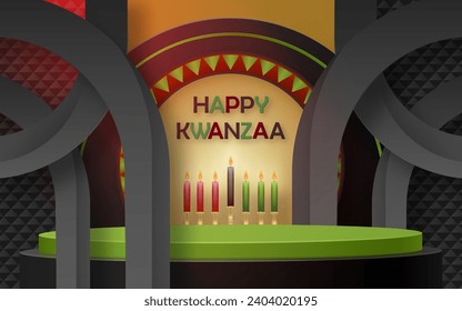 3d Round podium stage for Happy kwanzaa card with nice and creative symbols and paper cut style on color background for kwanzaa holiday