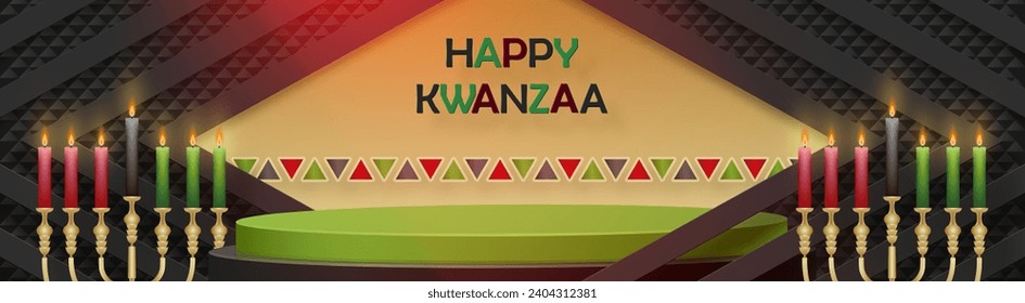 3d Round podium stage for Happy kwanzaa card with nice and creative symbols and paper cut style on color background for kwanzaa holiday