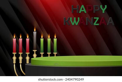 3d Round podium stage for Happy kwanzaa card with nice and creative symbols and paper cut style on color background for kwanzaa holiday