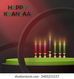 3d Round podium stage for Happy kwanzaa card with nice and creative symbols and paper cut style on color background for kwanzaa holiday