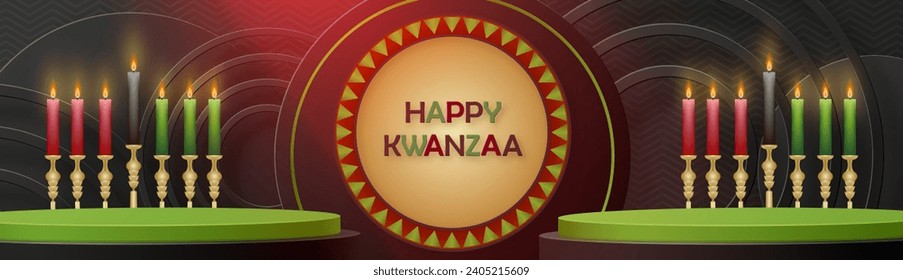 3d Round podium stage for Happy kwanzaa card with nice and creative symbols and paper cut style on color background for kwanzaa holiday