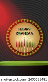 3d Round podium stage for Happy kwanzaa card with nice and creative symbols and paper cut style on color background for kwanzaa holiday