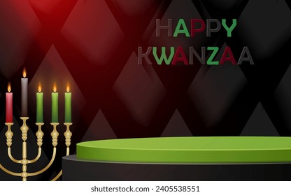 3d Round podium stage for Happy kwanzaa card with nice and creative symbols and paper cut style on color background for kwanzaa holiday