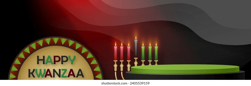 3d Round podium stage for Happy kwanzaa card with nice and creative symbols and paper cut style on color background for kwanzaa holiday