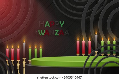 3d Round podium stage for Happy kwanzaa card with nice and creative symbols and paper cut style on color background for kwanzaa holiday