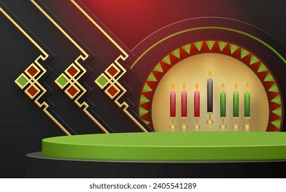 3d Round podium stage for Happy kwanzaa card with nice and creative symbols and paper cut style on color background for kwanzaa holiday