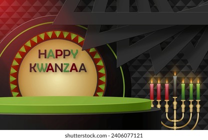 3d Round podium stage for Happy kwanzaa card with nice and creative symbols and paper cut style on color background for kwanzaa holiday