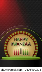 3d Round podium stage for Happy kwanzaa card with nice and creative symbols and paper cut style on color background for kwanzaa holiday