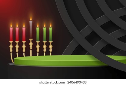 3d Round podium stage for Happy kwanzaa card with nice and creative symbols and paper cut style on color background for kwanzaa holiday