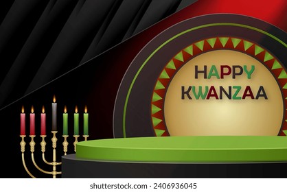 3d Round podium stage for Happy kwanzaa card with nice and creative symbols and paper cut style on color background for kwanzaa holiday