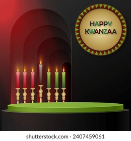 3d Round podium stage for Happy kwanzaa card with nice and creative symbols and paper cut style on color background for kwanzaa holiday