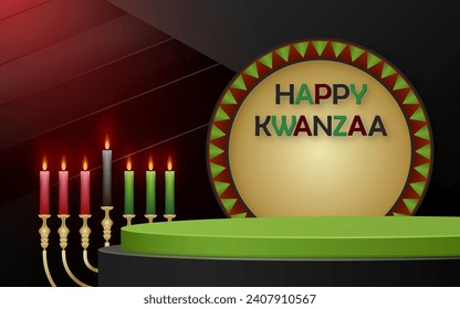 3d Round podium stage for Happy kwanzaa card with nice and creative symbols and paper cut style on color background for kwanzaa holiday