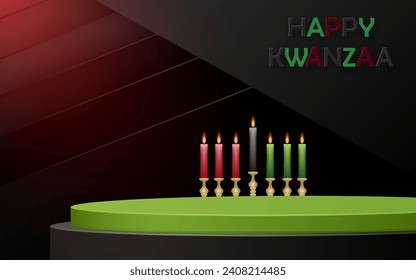 3d Round podium stage for Happy kwanzaa card with nice and creative symbols and paper cut style on color background for kwanzaa holiday