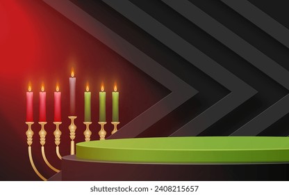 3d Round podium stage for Happy kwanzaa card with nice and creative symbols and paper cut style on color background for kwanzaa holiday