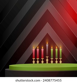 3d Round podium stage for Happy kwanzaa card with nice and creative symbols and paper cut style on color background for kwanzaa holiday