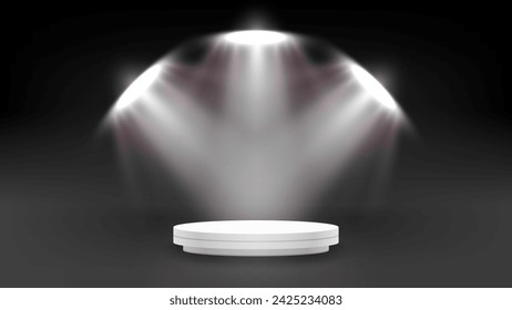 3D Round podium and stage illuminated with three spotlights. Vector background