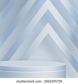 3d Round podium stage with nice and creative symbols on paper cut style with blue color background for cosmetics brand design and advertising