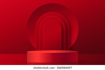 3d Round podium stage with nice and creative symbols on paper cut style with red color background for cosmetics brand design and advertising