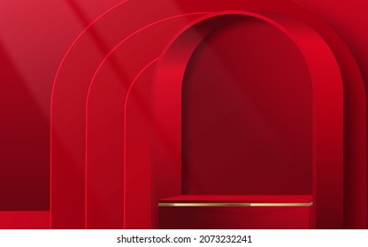 3d Round podium stage with nice and creative symbols on paper cut style with red color background for cosmetics brand design and advertising