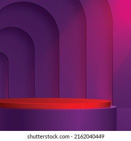 3d Round podium stage with nice and creative symbols on paper cut style with color background for cosmetics brand design and advertising