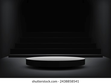 3D round podium with stairs leading up to it sits in a dark room. A single spotlight illuminates the podium from above. Vector illustration
