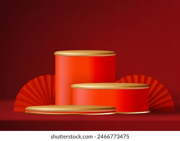 3D round podium steps in showcase with traditional Chinese paper fans. Circle podium with Asian design elements. Lunar new year offer