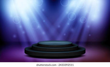 3D Round Podium With Two Spotlights In Neon Light. EPS10 Vector