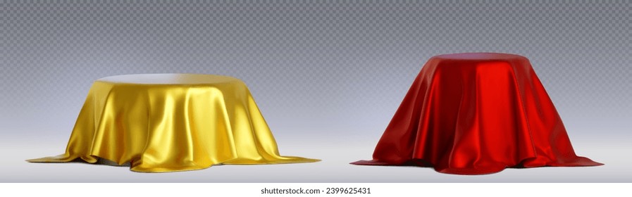 3D round podiums covered with red silk cloth isolated on transparent background. Vector realistic illustration golden product presentation platform, award ceremony pedestal under scarlet satin fabric