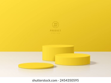 3D round product podium background in yellow with white floor empty space. Abstract composition in minimal design. 3D studio showroom product pedestal, Fashion showcase mockup scene. Banner cosmetic.