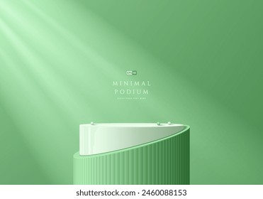 3D round product podium background in green color with natural window lighting. Abstract composition in minimal design. Studio showroom product pedestal, Fashion showcase mockup scene. Banner cosmetic