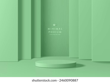 3D round product podium background in green color with layers wall scene. Abstract composition in minimal design. 3D studio showroom product pedestal, Fashion showcase mockup scene. Banner cosmetic.