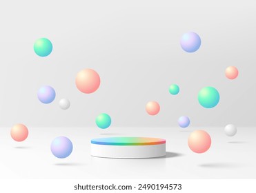 3D round product podium background with with colorful bounce sphere balls. Abstract composition in minimal design. 3D studio showroom product pedestal, Fashion showcase mockup scene. Banner cosmetic.