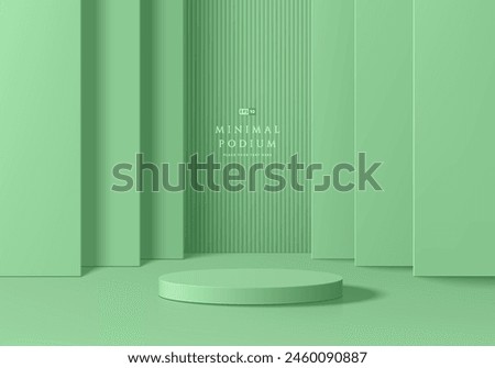 3D round product podium background in green color with layers wall scene. Abstract composition in minimal design. 3D studio showroom product pedestal, Fashion showcase mockup scene. Banner cosmetic.