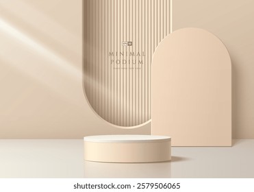 3D round product podium beige background with arch frame window. Abstract geometric composition in minimalist design. Studio display showroom product pedestal, Fashion stage showcase mockup scene.