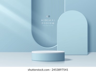 3D round product podium blue background with arch frame window. 
Abstract composition in minimal design. 3D studio showroom product pedestal, Fashion showcase mock up scene. Banner cosmetic.