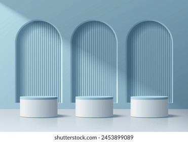 3D round product podium blue background with 3 arch frame window behind. Abstract composition in minimal design. 3D studio showroom product pedestal, Fashion showcase mock up scene. Banner cosmetic.