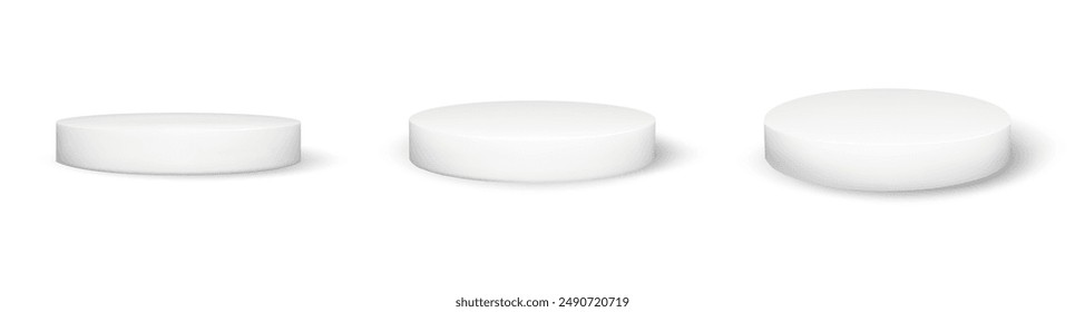 3d round product podium. Circle platform angle view isolated vector template. Circular base set for showcase studio. Cheese cake premium display  stand mockup. Exhibition advertising with white plate