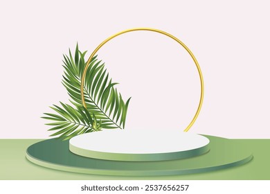 3D round product podium set background. Abstract composition in minimalist design. 3D studio display showroom cosmetic product pedestal, Fashion stage showcase mockup scene.