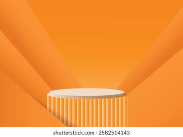 3D round product podium set floating on the wall background. Abstract geometric composition in minimalist design. Studio display showroom product pedestal, Fashion stage showcase mockup scene.