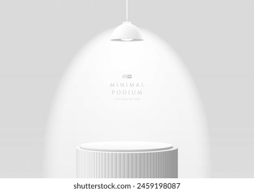 3D round product podium in white color background with hanging lamp. Abstract composition in minimal design. 3D studio showroom product pedestal, Fashion showcase mockup scene. Vector banner cosmetic.