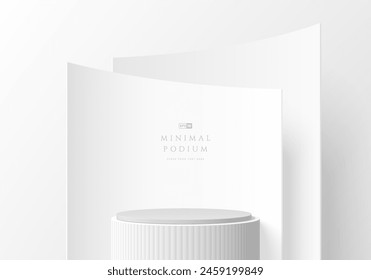 3D round product podium in white color background with curve wall backdrop. Abstract composition in minimal design. 3D Studio showroom product pedestal, Fashion showcase mockup scene. Banner cosmetic