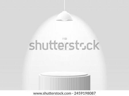 3D round product podium in white color background with hanging lamp. Abstract composition in minimal design. 3D studio showroom product pedestal, Fashion showcase mockup scene. Vector banner cosmetic.