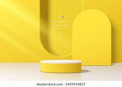 3D round product podium yellow background with arch window and white floor. Abstract composition in minimal design. 3D studio showroom product pedestal, Fashion showcase mockup scene. Banner cosmetic.