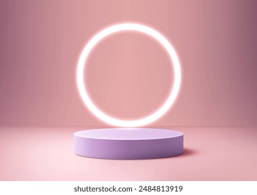 3D Round Purple Podium with Glowing Neon Circle on Pink Background, Minimal Style, Technology Concept, Product Display, Mockup, Showroom, Showcase