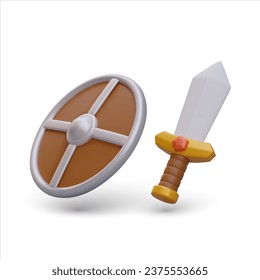 Escudo redondo 3D y espada al estilo de las caricaturas. Imagen vectorial de color sobre fondo blanco. Concepto de ataque y defensa. Objetos con sombras. Armas medievales