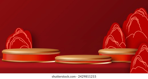 3D round showcase with red and gold Chinese mountains. Circle podium with Asian design elements. Lunar new year offer.